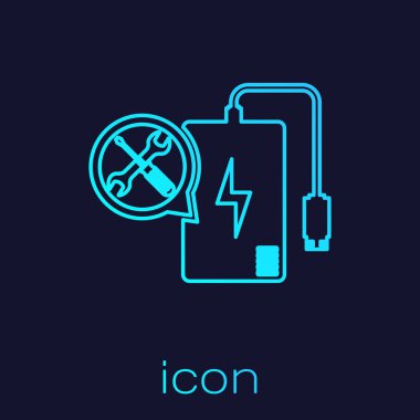 Mavi arka planda yalıtılmış tornavida ve anahtar simgesi ile turkuaz çizgi güç Bankası. Ayarlama, hizmet, ayarlama, bakım, onarım, sabitleme. Vektör Illustration