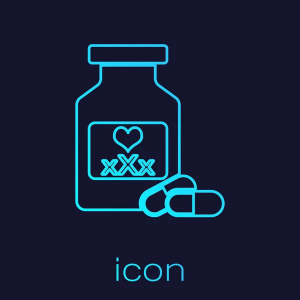 Бирюзовая линия Медицинская бутылка с таблетками для потенции, икона афродизиака изолированы на синем фоне. Секс таблетки для мужчин и женщин. Векторная миграция — стоковый вектор
