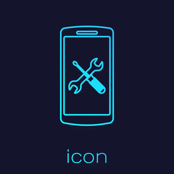 Tyrkysová linka smartphone s ikonou šroubováku a klíče izolovaná na modrém pozadí. Seřízení, servis, nastavení, údržba, opravy, upevnění. Vektorová ilustrace — Stockový vektor