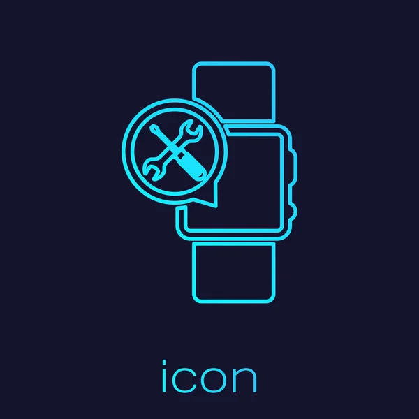 Linha turquesa Smartwatch com chave de fenda e ícone de chave isolada no fundo azul. Ajuste, serviço, configuração, manutenção, reparação, fixação. Ilustração vetorial — Vetor de Stock