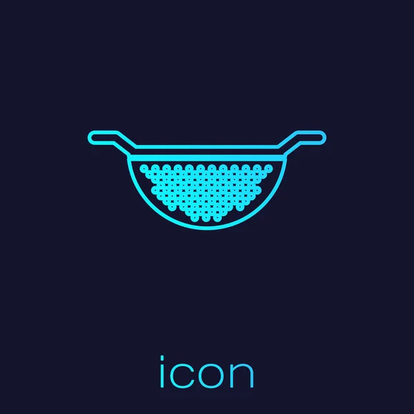 Turquoise line Kitchen colander icon isolated on blue background. Cooking utensil. Cutlery sign. Vector Illustration — Stock Vector