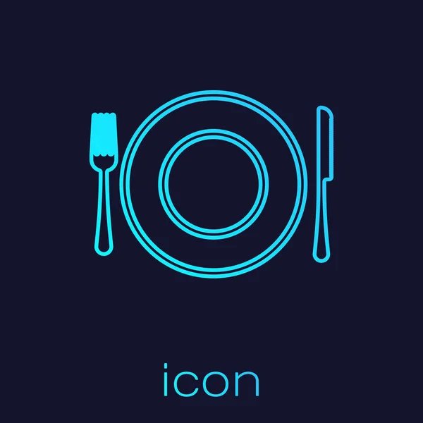 Turquoise lijn plaat, vork en mes pictogram geïsoleerd op blauwe achtergrond. Bestek symbool. Restaurant teken. Vector illustratie — Stockvector