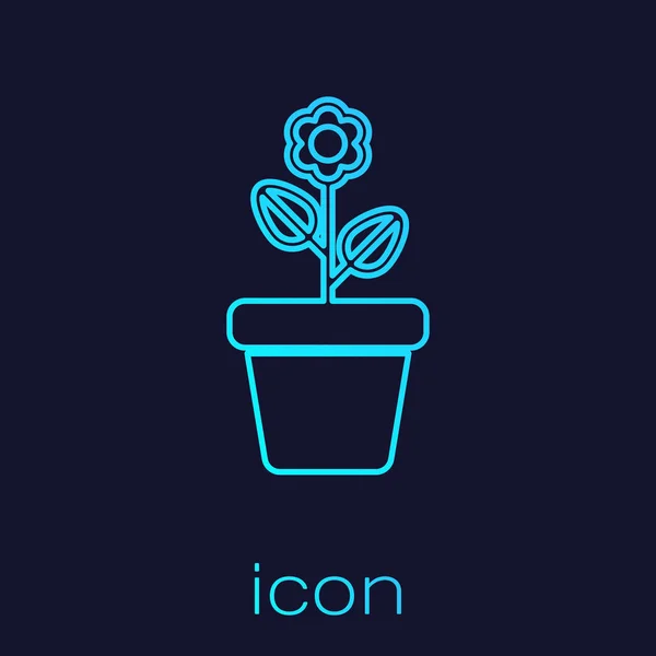 Tyrkysová čára květinová ikona v konvici izolovaná na modrém pozadí. Rostliny rostou v hrnci. Značka květináč. Vektorová ilustrace — Stockový vektor