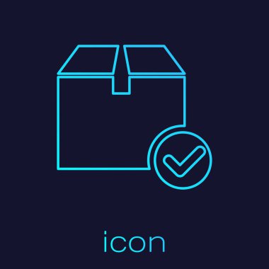 Mavi arka planda yalıtılmış onay işareti simgesine sahip turkuaz çizgi Paket kutusu. Onay damgalı paket kutusu. Onaylı teslimat veya başarılı paket makbuzu. Vektör İllüstrasyonu