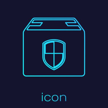 Mavi arka planda izole edilmiş kalkan simgesine sahip Turkuaz hat Teslim paketi güvenlik sembolü. Teslimat sigortası. Kalkanın ötesindeki karton kutular sigortalı. Vektör İllüstrasyonu