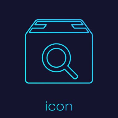 Mavi arka planda yalıtılmış turkuaz çizgi Arama paketi simgesi. Parsel izleme sembolü. Büyüteç ve karton kutu. Lojistik ve teslimat. Vektör İllüstrasyonu