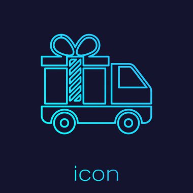 Mavi arka plan üzerinde izole hediye simgesi ile Turkuaz hat Teslimat kamyon. Vektör İllüstrasyonu