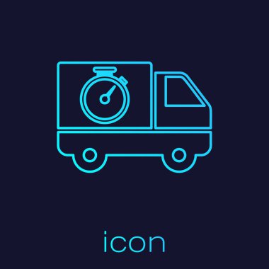 Turkuaz hat Lojistik teslimat kamyon ve kronometre simgesi mavi arka plan üzerinde izole. Teslim süresi simgesi. Vektör İllüstrasyonu