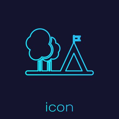 Mavi arka plan üzerinde izole bayrak simgesi ile Turkuaz çizgi Turist çadır. Kamp sembolü. Vektör İllüstrasyonu