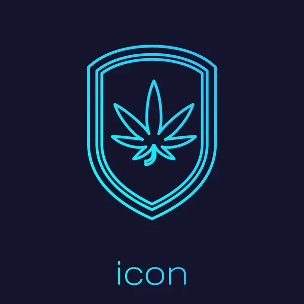 Escudo de línea turquesa y marihuana o icono de la hoja de cannabis aislado sobre fondo azul. Legalización de la marihuana. Un símbolo de cáñamo. Ilustración vectorial — Vector de stock