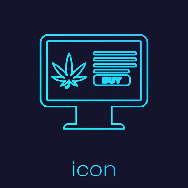 Línea turquesa Monitor de computadora y marihuana medicinal o icono de hoja de cannabis aislado sobre fondo azul. Símbolo de compra online. Cesta del supermercado. Ilustración vectorial — Vector de stock