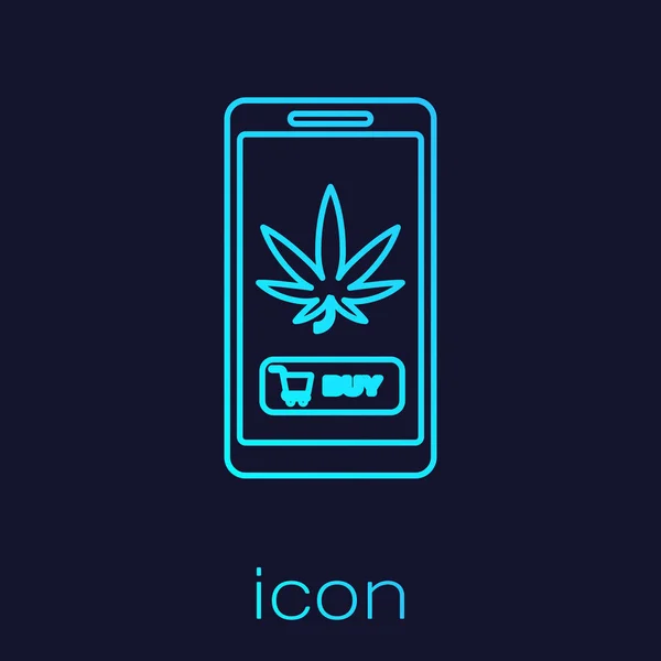 Línea turquesa Teléfono móvil y marihuana medicinal o icono de la hoja de cannabis aislado sobre fondo azul. Símbolo de compra online. Cesta del supermercado. Ilustración vectorial — Vector de stock