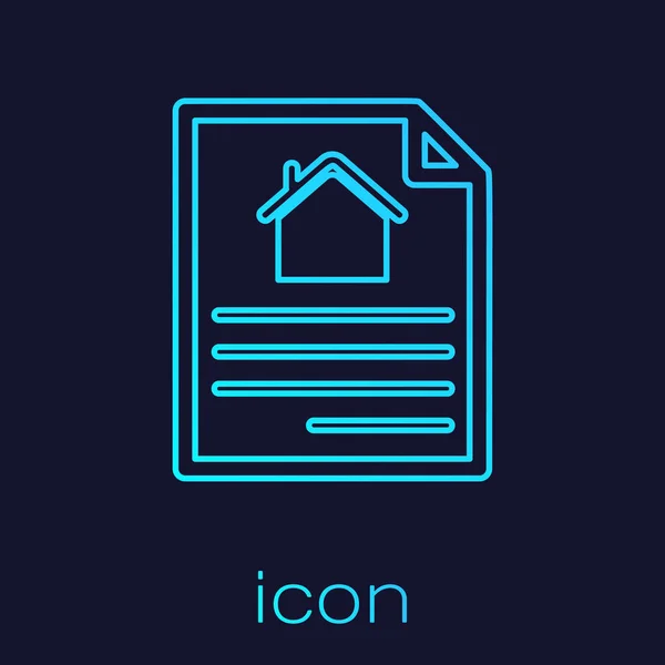 Turquoise line House contract icon isolated on blue background. Contract creation service, document formation, application form composition. Vector Illustration — Stock Vector