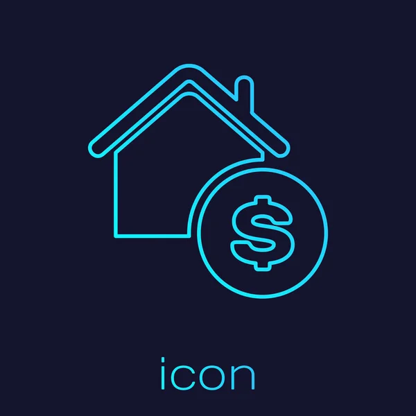 青い背景に孤立したドル記号アイコンを持つターコイズラインハウス。家とお金不動産のコンセプト。ベクトルイラストレーション — ストックベクタ