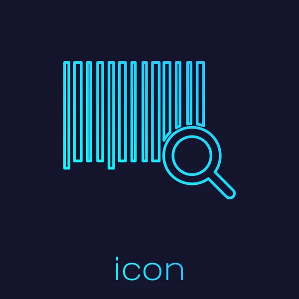 Turquoise lijn zoeken barcode pictogram geïsoleerd op blauwe achtergrond. Vergrootglas zoeken barcode. Barcode label sticker. Onderzoek streepjescode. Vector illustratie — Stockvector