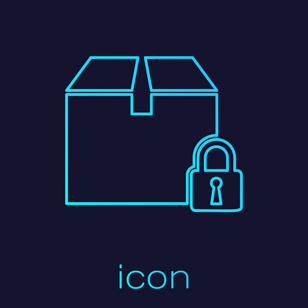 Turquoise line Locked package icon isolated on blue background. Lock and cardboard box. Vector Illustration
