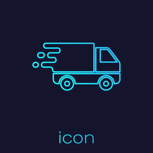 Ligne turquoise Camion de livraison en mouvement icône isolée sur fond bleu. Expédition rapide camion de livraison. Illustration vectorielle — Image vectorielle