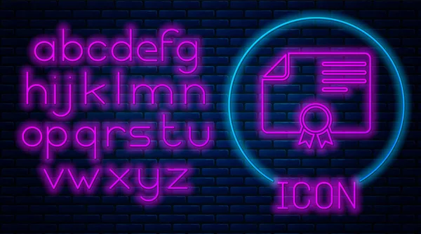 Glödande Neon certifikatmall ikon isolerad på tegelvägg bakgrund. Prestation, utmärkelse, grad, stipendium, diplom. Certifikat för företags framgång. Neonljus alfabetet. Vektor illustration — Stock vektor