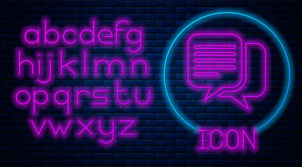 Gloeiende neon Chat icoon geïsoleerd op bakstenen muur achtergrond. Tekstballonnen symbool. Neon licht alfabet. Vector illustratie — Stockvector