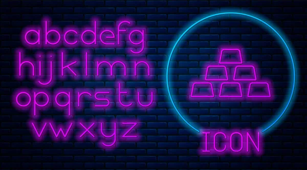 Leuchtende Leuchtschrift Aktentasche Ikone isoliert auf Backsteinwand Hintergrund. Geschäftszeichen. Geschäftsportfolio. Neonlicht-Alphabet. Vektorillustration — Stockvektor