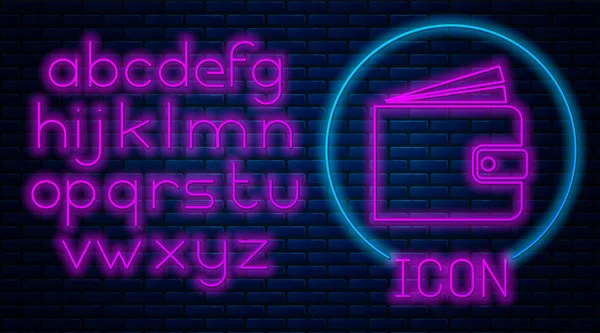 Glödande Neon plånboks ikon isolerad på tegelvägg bakgrund. Neonljus alfabetet. Vektor illustration — Stock vektor