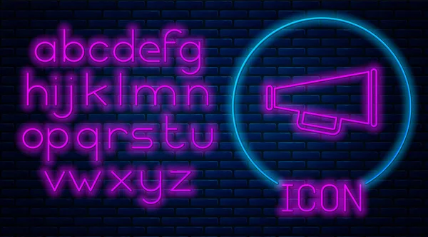 Gloeiende neon megaphone icoon geïsoleerd op bakstenen muur achtergrond. Neon licht alfabet. Vector illustratie — Stockvector