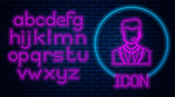 Świecący Neon Man z ikoną zestawu słuchawkowego wyizolowaną na tle muru ceglanego. Wsparcie operatora w kontakcie. Koncepcja dla Call Center, obsługa klienta. Neon światła alfabetu. Ilustracja wektorowa — Wektor stockowy