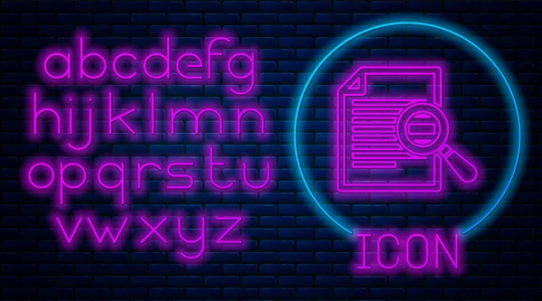 Glowing neon Document with search icon isolated on brick wall background. File and magnifying glass icon. Analytics research sign. Neon light alphabet. Vector Illustration — Stock Vector