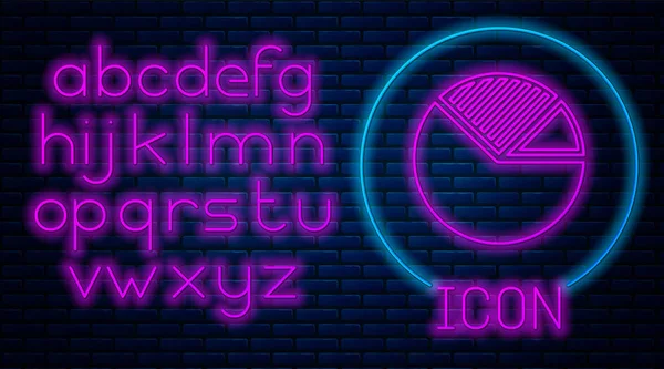 Leuchtende Neon Pie Diagramm Infografik Symbol isoliert auf Backsteinwand Hintergrund. Diagrammdiagramm-Zeichen. Neonlicht-Alphabet. Vektorillustration — Stockvektor