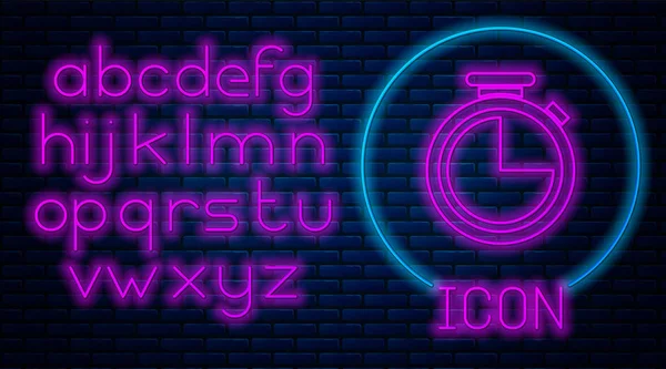 Gloeiende neon stopwatch pictogram geïsoleerd op bakstenen muur achtergrond. Tijd timer teken. Neon licht alfabet. Vector illustratie — Stockvector