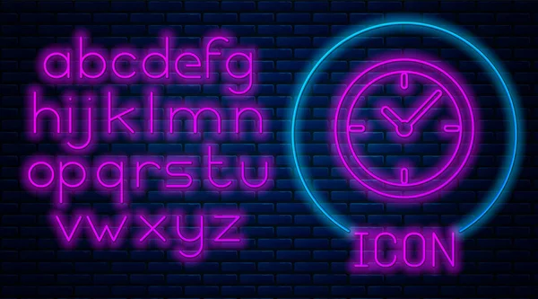 Leuchtende Neonuhr Ikone isoliert auf Backsteinwand Hintergrund. Neonlicht-Alphabet. Vektorillustration — Stockvektor