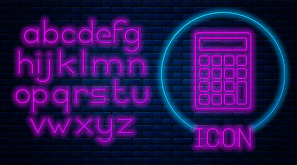 Glödande Neon kalkylatorikon isolerad på tegelvägg bakgrund. Redovisnings symbol. Affärsberäkningar matematikutbildning och ekonomi. Neonljus alfabetet. Vektor illustration — Stock vektor