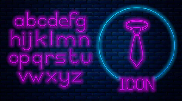 Glowing neon Tie icon isolated on brick wall background. Necktie and neckcloth symbol. Neon light alphabet. Vector Illustration — Stock Vector