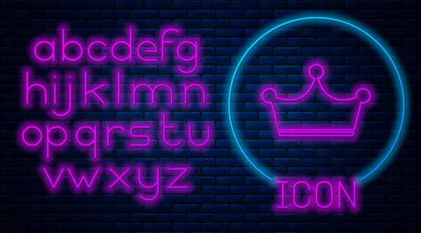 Gloeiende neon kroon pictogram geïsoleerd op bakstenen muur achtergrond. Neon licht alfabet. Vector illustratie — Stockvector