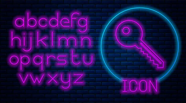 Izzó neon kulcs ikon elszigetelt-ra tégla fal háttér. Neonfény ábécé. Vektoros illusztráció — Stock Vector