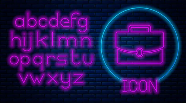 Gloeiende neon aktetas pictogram geïsoleerd op bakstenen muur achtergrond. Business Case ondertekenen. Bedrijfs portefeuille. Neon licht alfabet. Vector illustratie — Stockvector