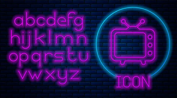 Glödande Neon TV-ikonen isolerad på tegelvägg bakgrund. TV-skylt. Neonljus alfabetet. Vektor illustration — Stock vektor