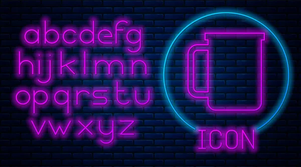 Izzó neon kávéscsésze lakás ikon izolált téglafal háttérben. Teáscsésze. Hot Drink kávét. Neonfény ábécé. Vektoros illusztráció — Stock Vector