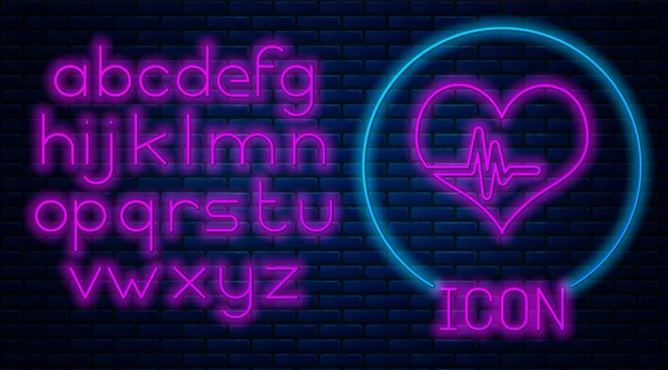 Glödande neonpuls ikon isolerad på tegelvägg bakgrund. Heartbeat-tecken. Puls ikonen. Ikonen för cardiogram. Neonljus alfabetet. Vektor illustration — Stock vektor