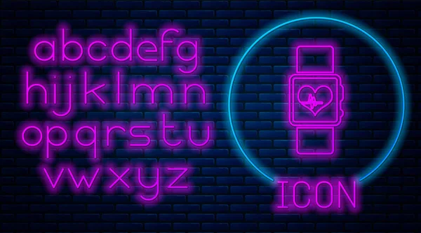 Glowing neon Smart watch showing heart beat rate icon isolated on brick wall background. Fitness App concept. Neon light alphabet. Vector Illustration — Stock Vector