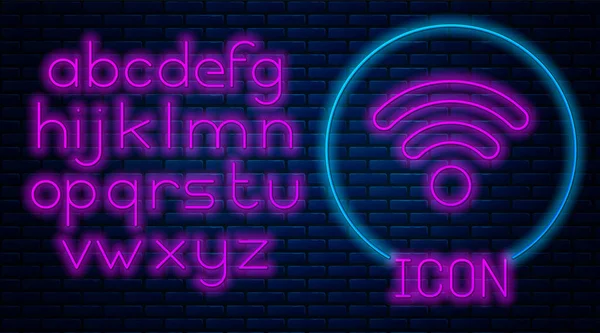 Parlayan neon Wi-Fi kablosuz internet ağı simgesi tuğla duvar arka planda izole. Neon ışık alfabesi. Vektör İllüstrasyonu — Stok Vektör