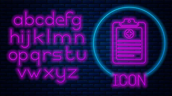 レンガの壁の背景に隔離された臨床記録のアイコンが付いている輝くネオン医学のクリップボード。健康保険証書処方箋、健康診断書ネオンライトアルファベット。ベクトルイラストレーション — ストックベクタ