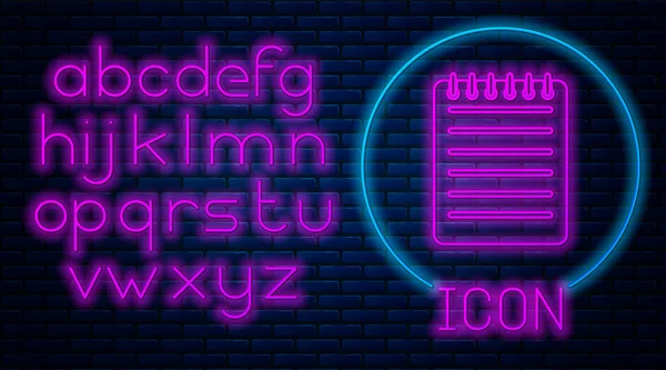 Leuchtende Neon-Notizbuch-Symbol isoliert auf Backsteinwand Hintergrund. Spirale Notizblock Symbol. Schreibblock. Tagebuch für die Wirtschaft. Notizbuchcover-Design. Neonlicht-Alphabet. Vektorillustration — Stockvektor