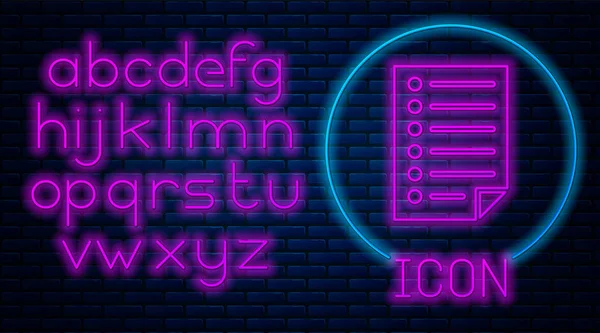 Gloeiende neon document pictogram geïsoleerd op bakstenen muur achtergrond. Bestandspictogram. Controlelijstpictogram. Bedrijfsconcept. Neon licht alfabet. Vector illustratie — Stockvector