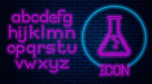 Gloeiende neon reageerbuis en kolf-chemisch laboratoriumtest pictogram geïsoleerd op bakstenen muur achtergrond. Neon licht alfabet. Vector illustratie — Stockvector