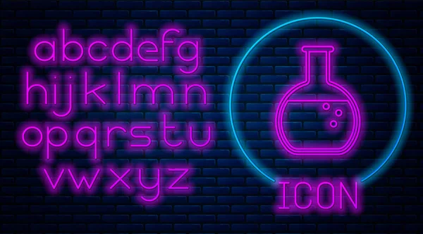 Gloeiende neon reageerbuis en kolf-chemisch laboratoriumtest pictogram geïsoleerd op bakstenen muur achtergrond. Neon licht alfabet. Vector illustratie — Stockvector