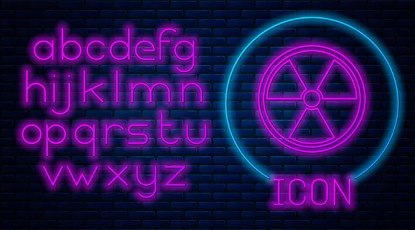 Glowing neon Radioactive icon isolated on brick wall background. Radioactive toxic symbol. Radiation Hazard sign. Neon light alphabet. Vector Illustration — Stock Vector