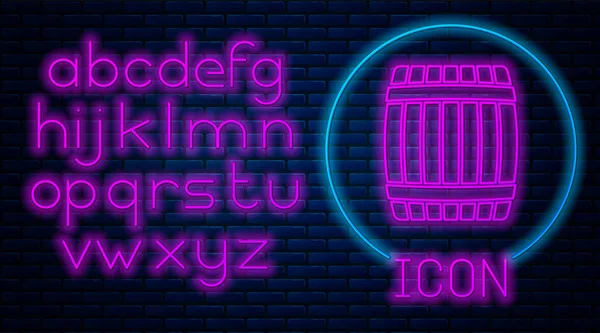 Leuchtende neonfarbene Holzfass-Ikone isoliert auf Backsteinwand Hintergrund. Neonlicht-Alphabet. Vektorillustration — Stockvektor