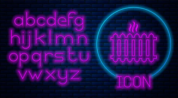Gloeiende neon verwarming radiator pictogram geïsoleerd op bakstenen muur achtergrond. Neon licht alfabet. Vector illustratie — Stockvector