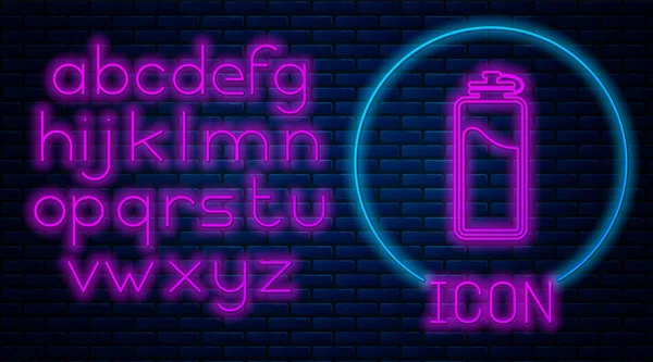 Gloeiende neon sport fles met water pictogram geïsoleerd op bakstenen muur achtergrond. Neon licht alfabet. Vector illustratie — Stockvector